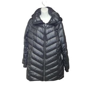 BCBG Max Azria Packable Premium Down Puffer Coat Womens L Hooded Longline Jacket